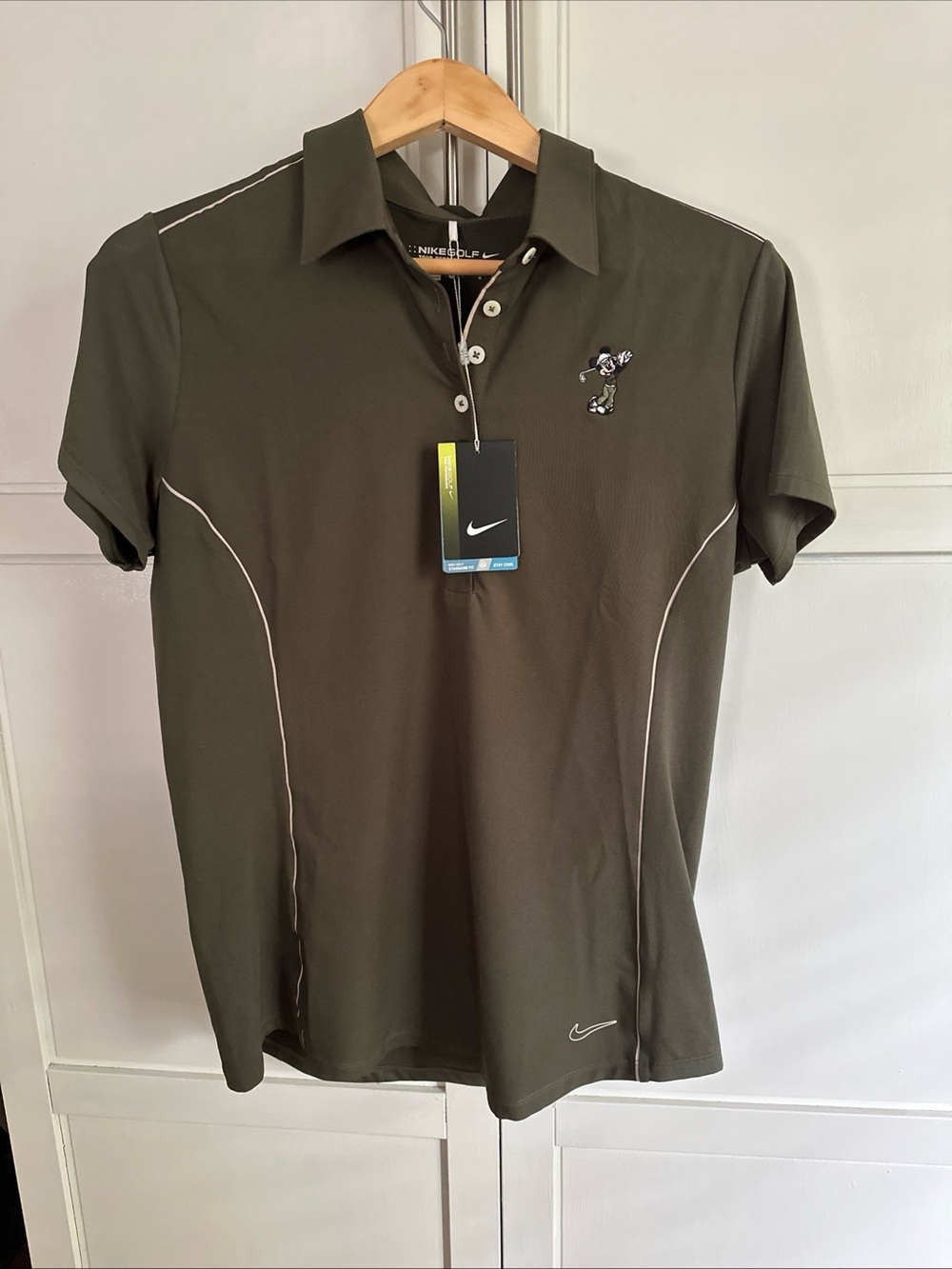Nike Golf Womens Size L Mickey Mouse Dri-Fit Polo Shirt Olive Khaki Green NWT